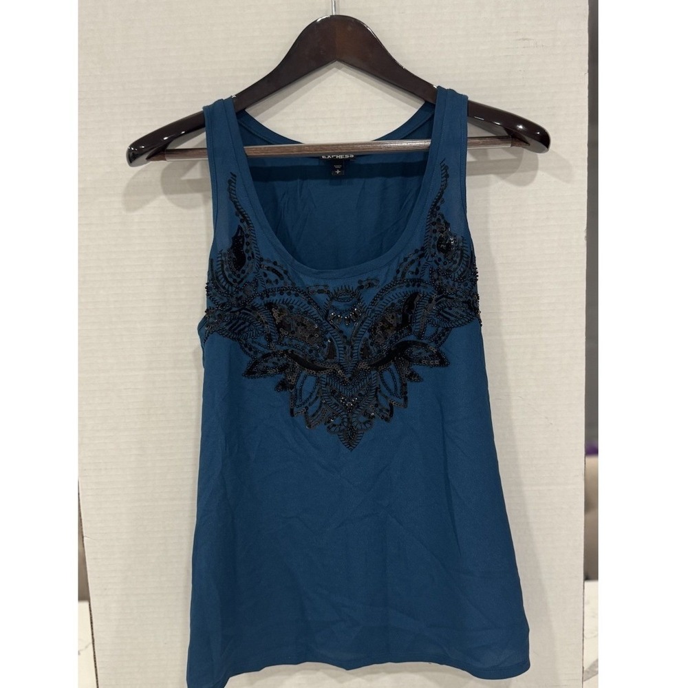 Express Teal Blue Sequin Beaded Embellished Tank Top Small Sleeveless Scoop Neck